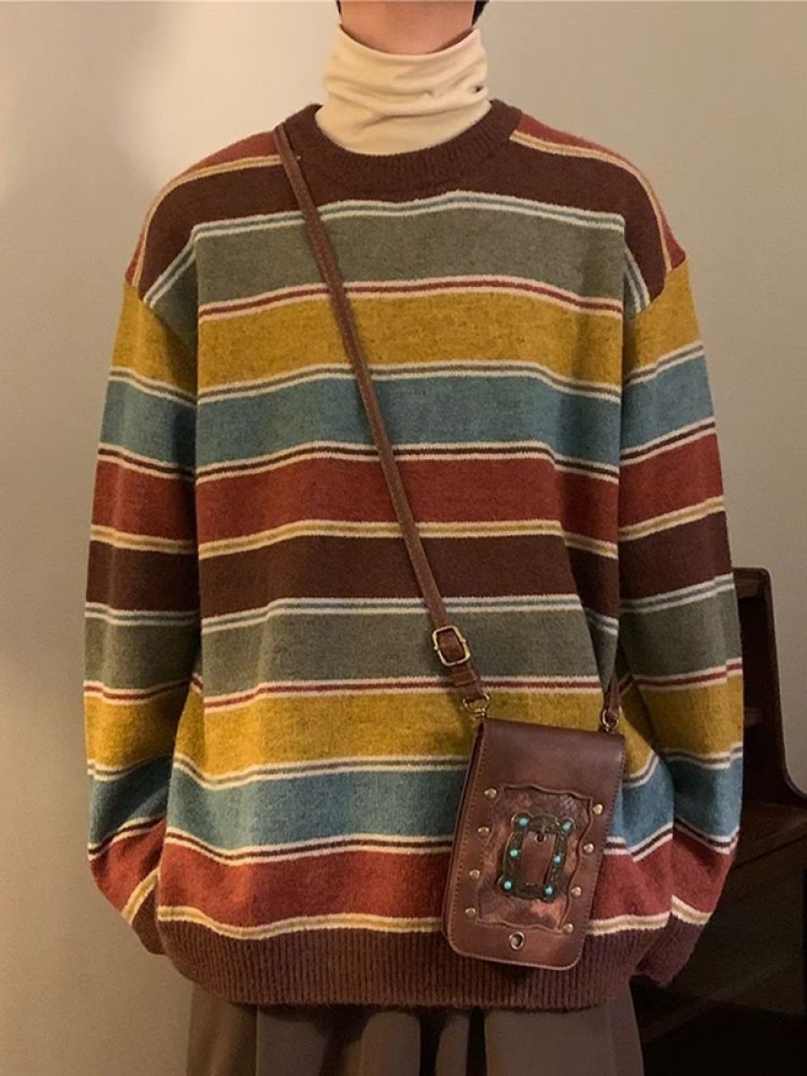 Uomo Emmiol | Maglione Girocollo Da Uomo Vintage A Righe Arcobaleno