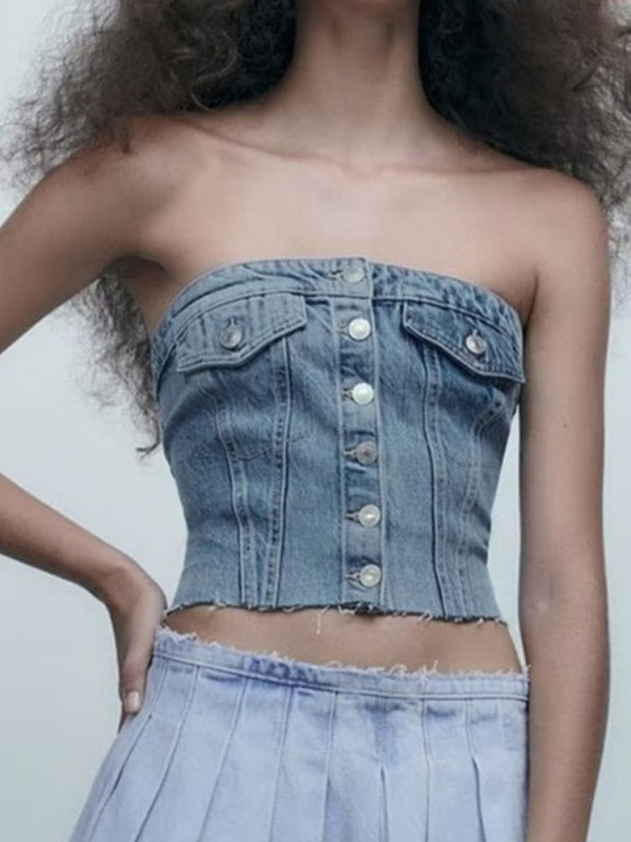 Donna Emmiol | Top A Fascia Sul Petto Con Dettaglio Patta In Denim Vintage