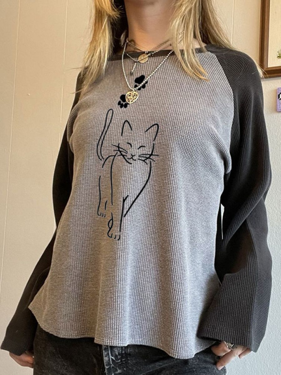 Donna Emmiol | T-Shirt A Maniche Lunghe Oversize Raglan Con Stampa Waffle Cat Graffiti