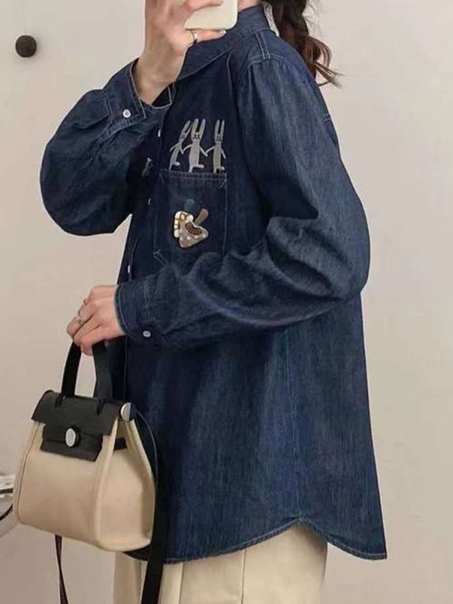 Donna Emmiol | Camicette E Camicie In Denim Lavato Con Ricamo Coniglio Cartone Animato