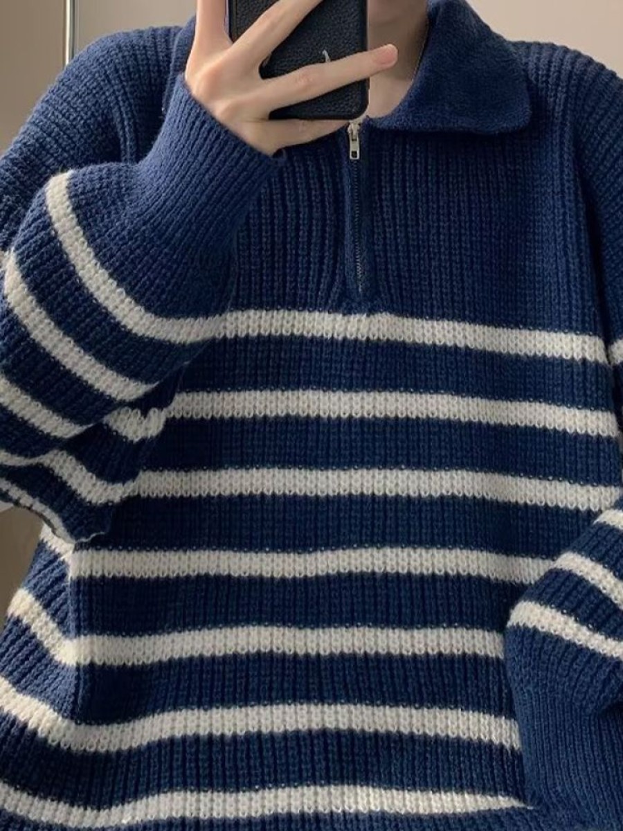 Uomo Emmiol | Maglione Da Uomo Con Mezza Zip E Collo Con Risvolto A Righe