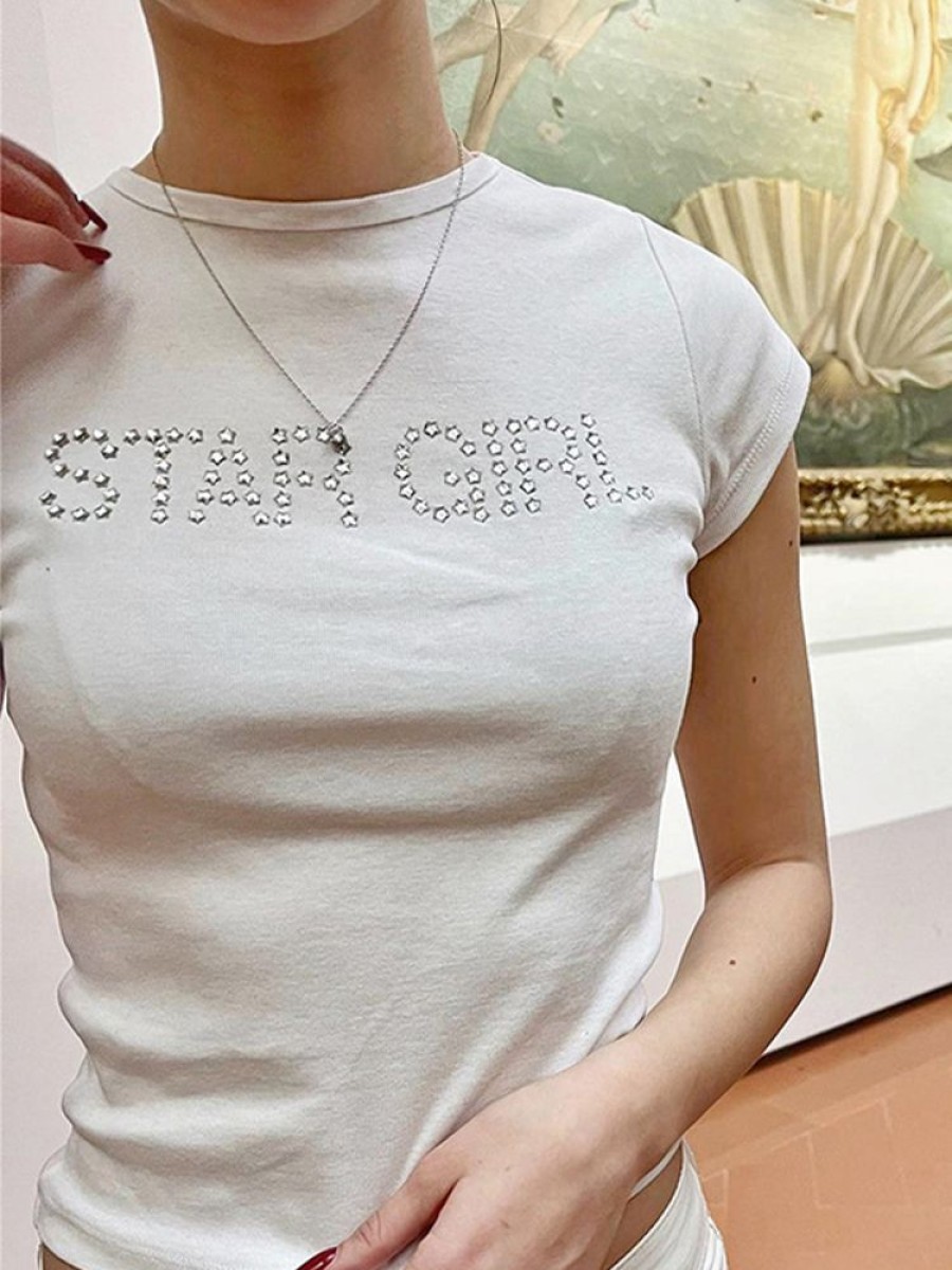 Donna Emmiol | T-Shirt A Maniche Corte Con Stampa Di Lettere Con Strass