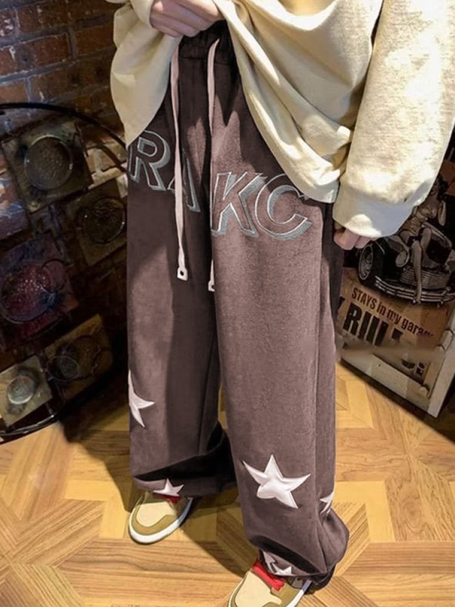 Uomo Emmiol | Pantaloni Da Uomo A Gamba Larga Con Coulisse In Pelle Scamosciata Con Ricamo A Stella Vintage