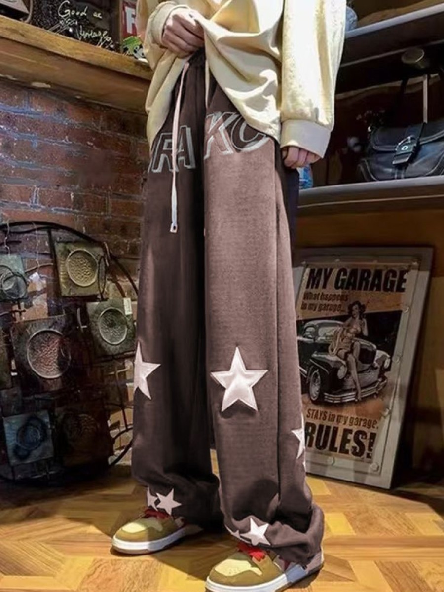 Uomo Emmiol | Pantaloni Da Uomo A Gamba Larga Con Coulisse In Pelle Scamosciata Con Ricamo A Stella Vintage